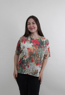 90s pullover flowers blouse, vintage short sleeve multicolor
