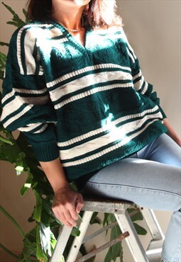 Deadstock green/white striped jacquard 3d knit pullover
