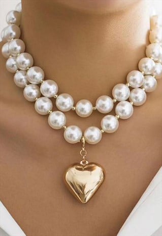 DOUBLE PEARL NECKLACE WITH HEART PENDANT IN GOLD 