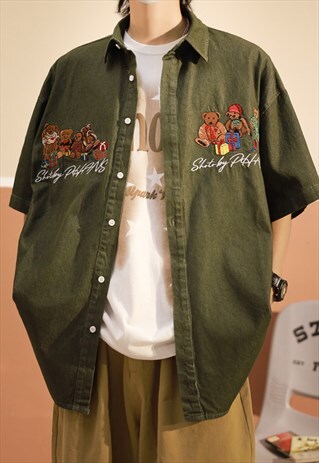 Khaki Green Embroidered Bears Denim Oversized Shirt 