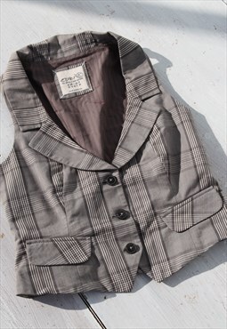 Vintage grey plaided cotton blend vest top,gilet.