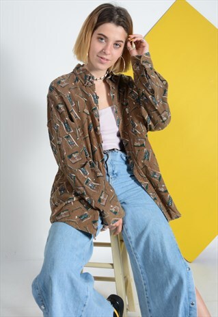 CORDUROY SHIRT IN BROWN WITH ABSTRACT PATTERN