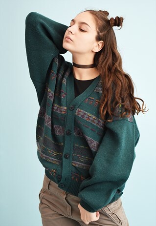 90'S RETRO STRIPED PATTERN OVERSIZED SLOUCHY KNIT CARDIGAN