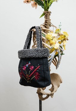 Vintage Y2k Black Fur Trim Floral Embroidery Small Hand Bag 