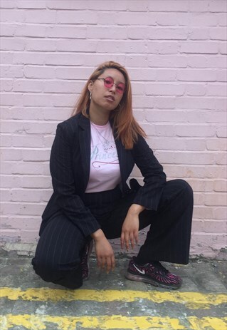 BLACK WITH PINK PIN STRIPPED SUIT BLAZER TROUSERS