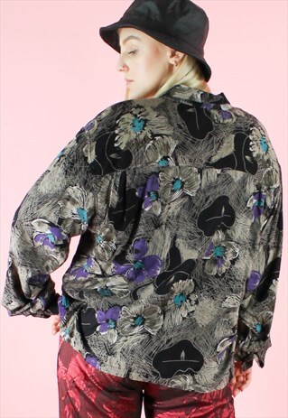 VINTAGE 90S SHIRT BLOUSE FLORAL Y2K GREY PURPLE BLUE RETRO