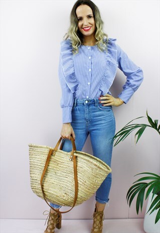 STRIPED BARDOT LONG SLEEVE FRILL RUFFLE BLOUSE TOP