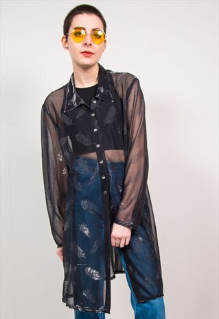 VINTAGE 90'S SHEER SILVER METALLIC FEATHER PRINT LONG SHIRT