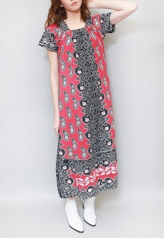 VINTAGE 1970'S RED & BLACK PAISLEY PRINT FOLK MIDI DRESS