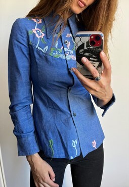70s Western Embroidered Chic Mexican Denim Boho Shirt XS