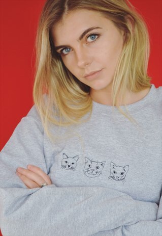 UNISEX SWEATSHIRT IN GREY WITH CAT EMBROIDERY