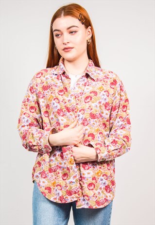 VINTAGE 90'S PINK ROSE FLORAL PATTERN CORD SHIRT