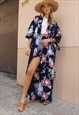 Navy Blue & Red Floral Print Full Length Kimono Jacket