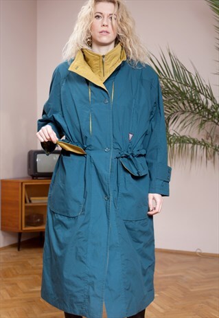 COTTON FIELD 90S VINTAGE LONG JACKET TEAL QUILTED MAXI COAT
