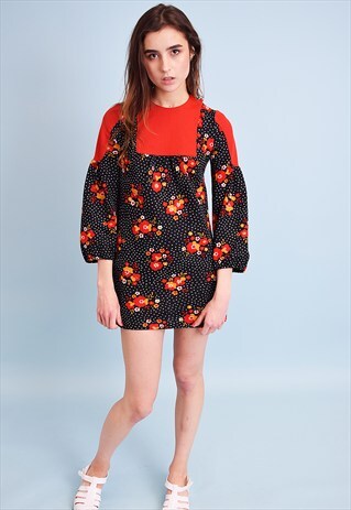 60'S RETRO FLORAL PRINT TWIGGY MINI ELEGANT DRESS