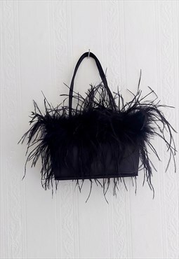 Rare Vintage 1990s Black Ostrich style Feather Handbag
