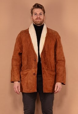 Vintage 80's Men Shearling Suede Coat in Caramel Brown