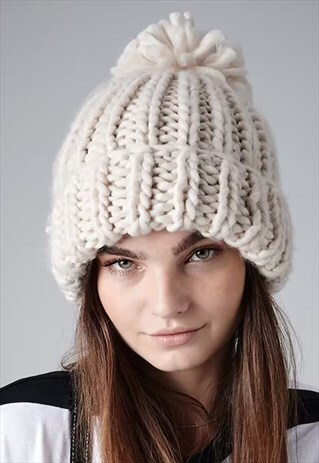 Women's Oversized Bobble Ribbed Beanie Hat - Cream Beige 