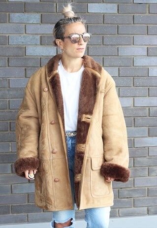 VINTAGE 1990S TAN AND MOCHA SUEDE SHEARLING OVERSIZED COAT