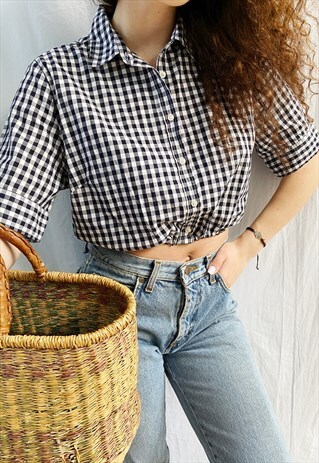 VINTAGE 90S GINGHAM CHECK REWORKED MILKMAID BLOUSE CROP TOP