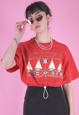 VINTAGE REWORKED CROP TOP T-SHIRT IN RED WITH BOAT PRINT