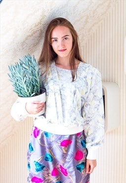 White grey and yellow pastel long sleeve silky  top blouse