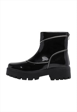 Rubber boots square toe platform shoes catwalk trainer black