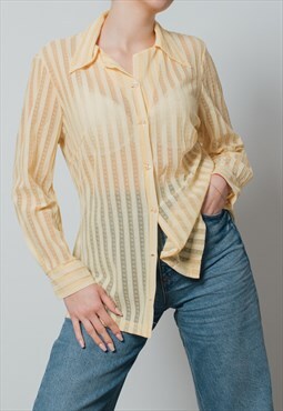 Vintage 70s Boho Long Sleeve Lace Mesh Shirt in Yellow M