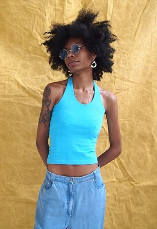 BLUE HALTER CROP TOP