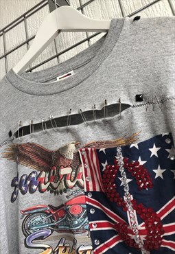 Reworked Americana Torn Safety Pin Grey Cropped Tee Flags