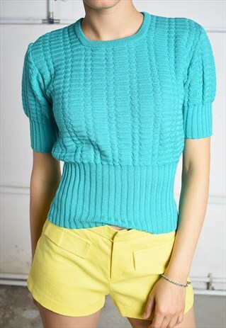 VINTAGE 80S RETRO PARIS CHIC KNIT TOP IN BLUE