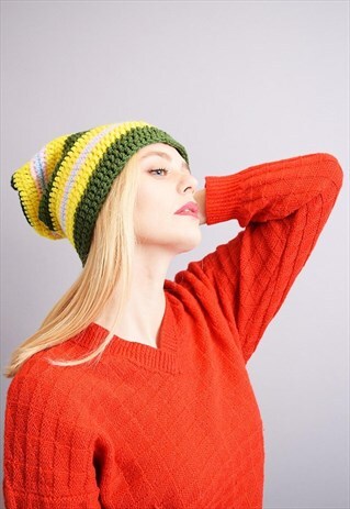 80'S RETRO BOHO STRIPED JAMAICA BEANIE IN CROCHET