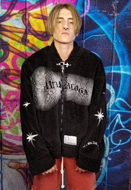 Graffiti fleece varsity jacket fluffy punk bomber coat black