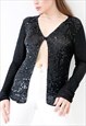 VINTAGE SEQUINNED CROCHET CARDIGAN OPEN FRONT GLAM TOP BLACK