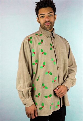 CHRISTMAS HOLLY EMBROIDERED BEIGE CORDUROY VINTAGE SHIRT