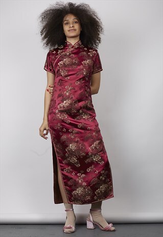 VINTAGE 90'S MAGENTA SATIN ORIENTAL MAXI DRESS