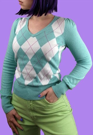 VINTAGE 90'S SWEATER V-NECK MINT GREEN ARGYLE PATTERN