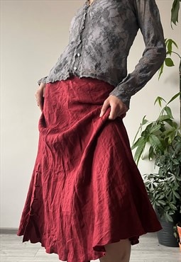 Vintage Y2K 00's Burgundy Linen Classic Flared Midi Skirt