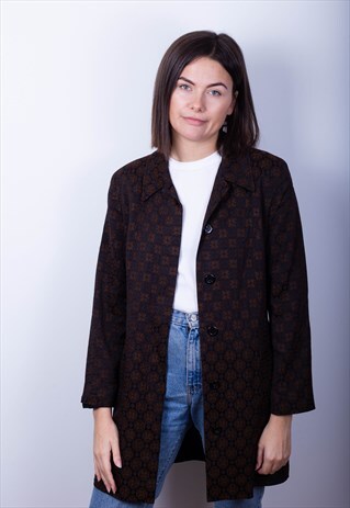 BROWN PATTERNED LONG BLAZER JACKET