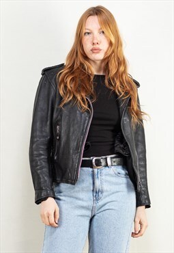 Vintage 90's Women Leather Biker Jacket in Black