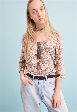 Y2K RETRO PAISLEY PRINT KITSCH PARTY TEEN TOP BLOUSE