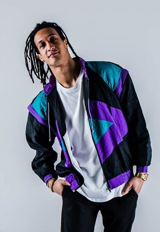 VINTAGE 90S SHELL-SUIT JACKET IN TURQUOISE, PURPLE AND BLACK