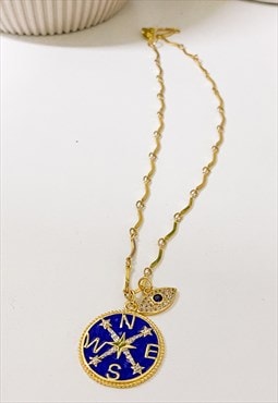 Gold Plated Enameled Compass & Evil Eye Necklace