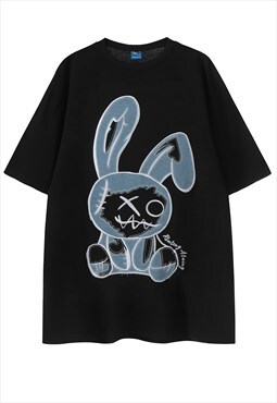 Denim patch t-shirt bunny print tee retro grunge top black