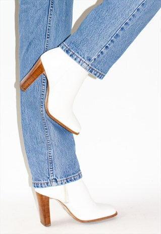 VINTAGE 90'S FAITH WHITE LEATHER BLOCK HEEL BOOTS