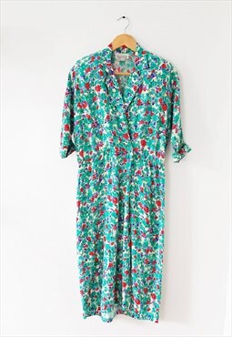 90s 80s Vintage Floral Belted Rayon Summer Dress