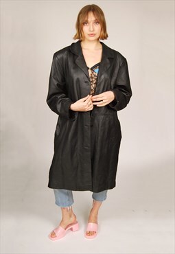 Button Down Leather Coat (2XL) vintage 90s black overcoat