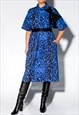 WOMEN BLUE DRESS, ANIMAL PRINT DRESS, LOOSE DRESS,MIDI DRESS