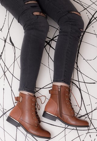 CHASITY LACE UP FLAT ANKLE BOOTS SHOES - BROWN LEATHER STYLE