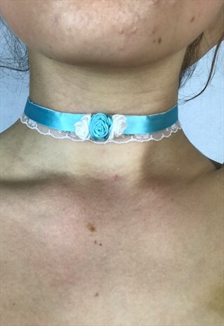 LACE BLUE SATIN FLORAL CHOKER